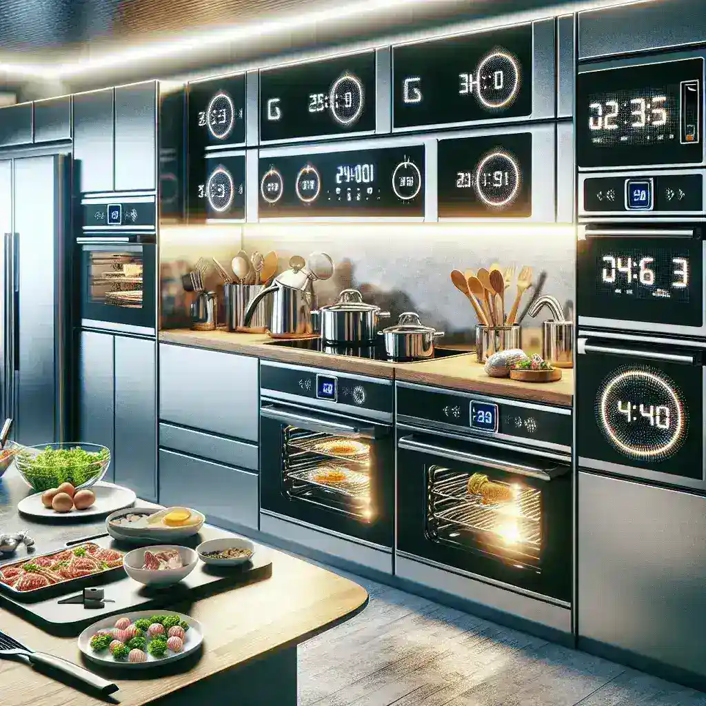"Modern kitchen appliances displaying coordinated cooking times for synchronized meal preparation, showcasing a multi-functional oven, stovetop, and timer in a stylish kitchen setting."
