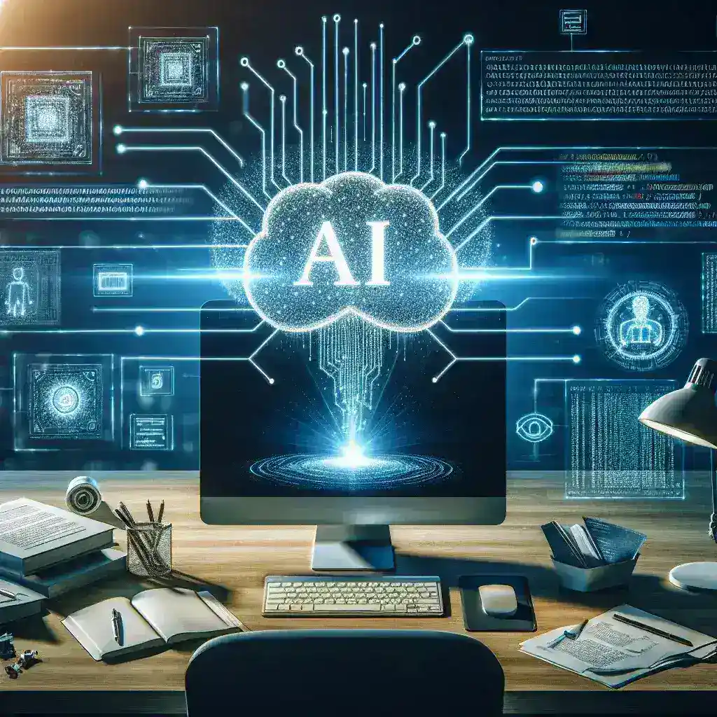 "Illustration of an AI workspace featuring a computer screen with highlighted malicious email scripts, symbolizing the security risks of AI-integrated work environments."