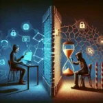 "Illustration of timing attack techniques used by hackers to exploit system vulnerabilities, depicting a clock and code snippets to emphasize the methodical nature of cyber attacks."