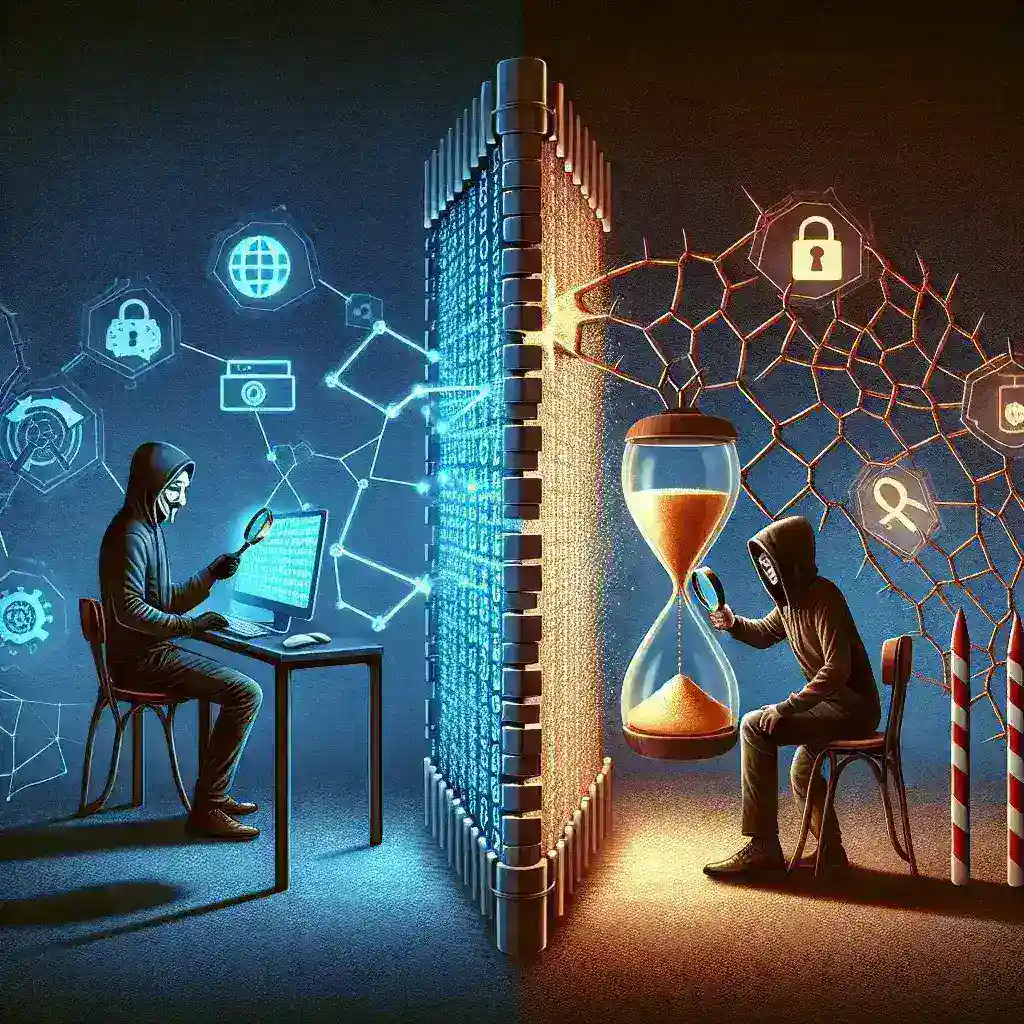 "Illustration of timing attack techniques used by hackers to exploit system vulnerabilities, depicting a clock and code snippets to emphasize the methodical nature of cyber attacks."